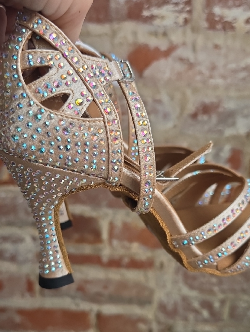 Crystal Embellished Tan Strappy Evening Heels - Picture 3 of 7